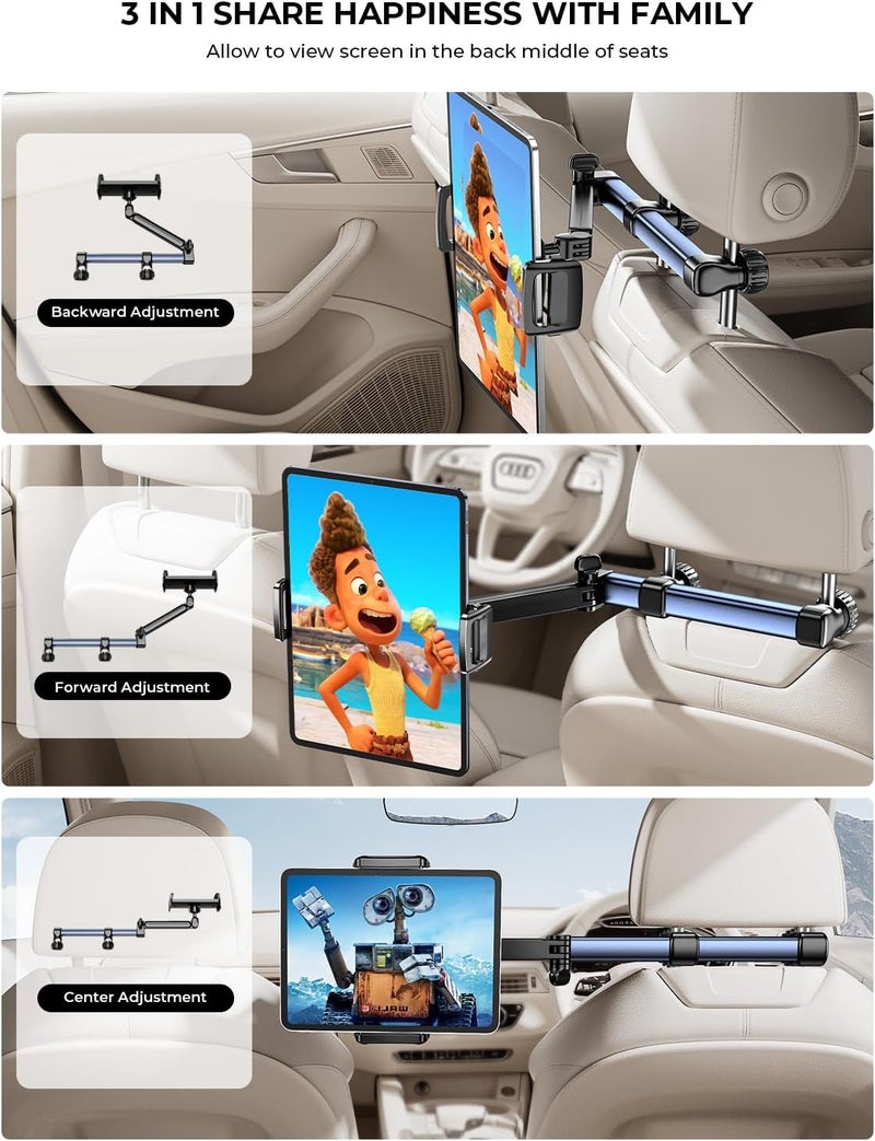 Tryone حامل جهاز لوحي لمساند الرأس لملحقات السيارة : [ذراع طويلة 18.11 بوصة] حامل جهاز لوحي ثلاثي الأبعاد لمقاعد السيارة للأطفال في رحلات الطريق متوافق مع آيباد وسويتش والهواتف الذكية والأجهزة اللوحية أو غيرها من الأجهزة من 4.7-13 بوصة - Image 2